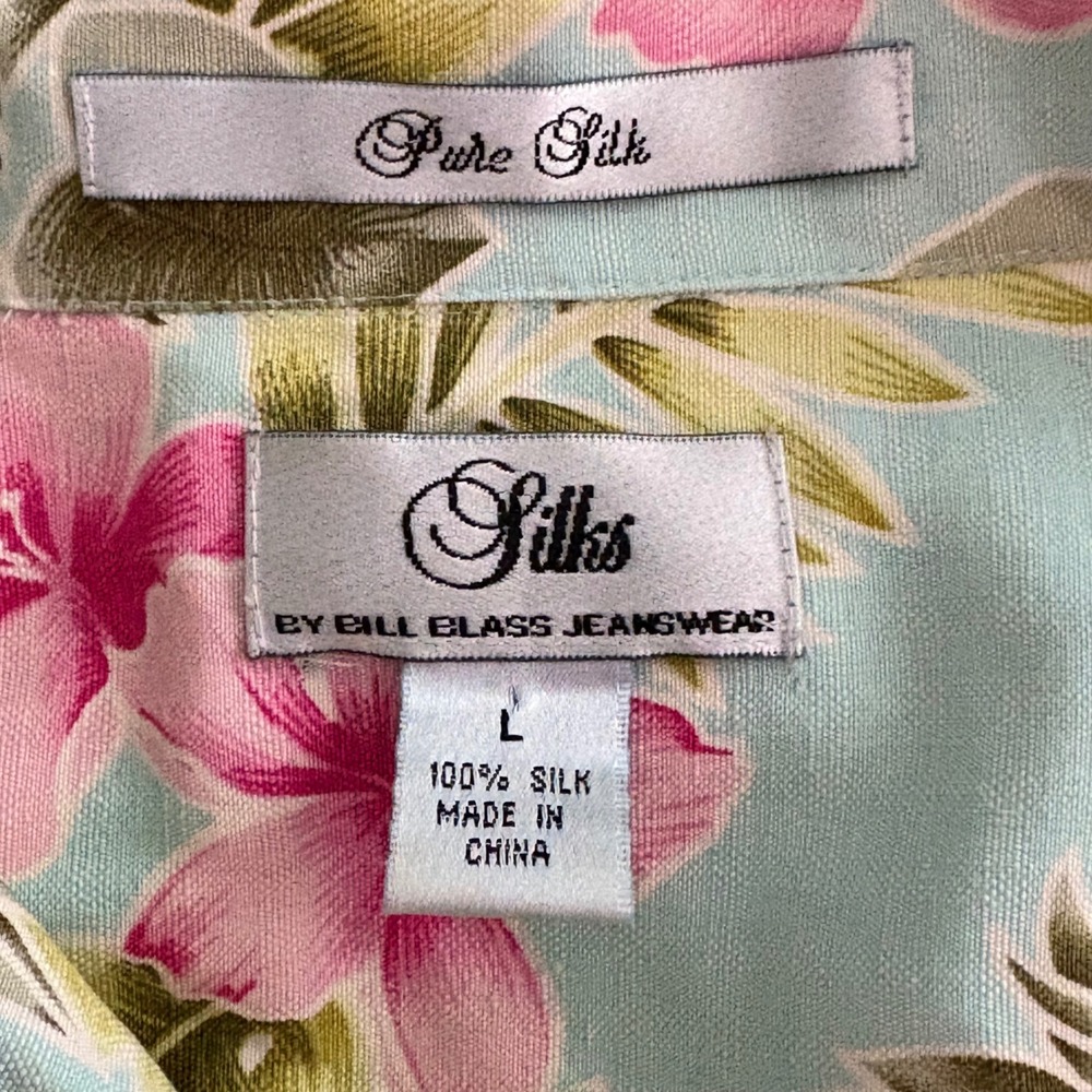 Silks‎ by Bill Blass 100% Silk Pineapple Hibiscus Tropical Shirt Blue Large - Picture 5 of 5